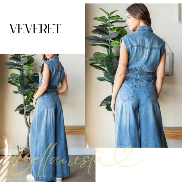 J777 VEVERET Denim Button Up Snap Wide Leg Sleeveless Jumpsuit - Picture 3 of 3
